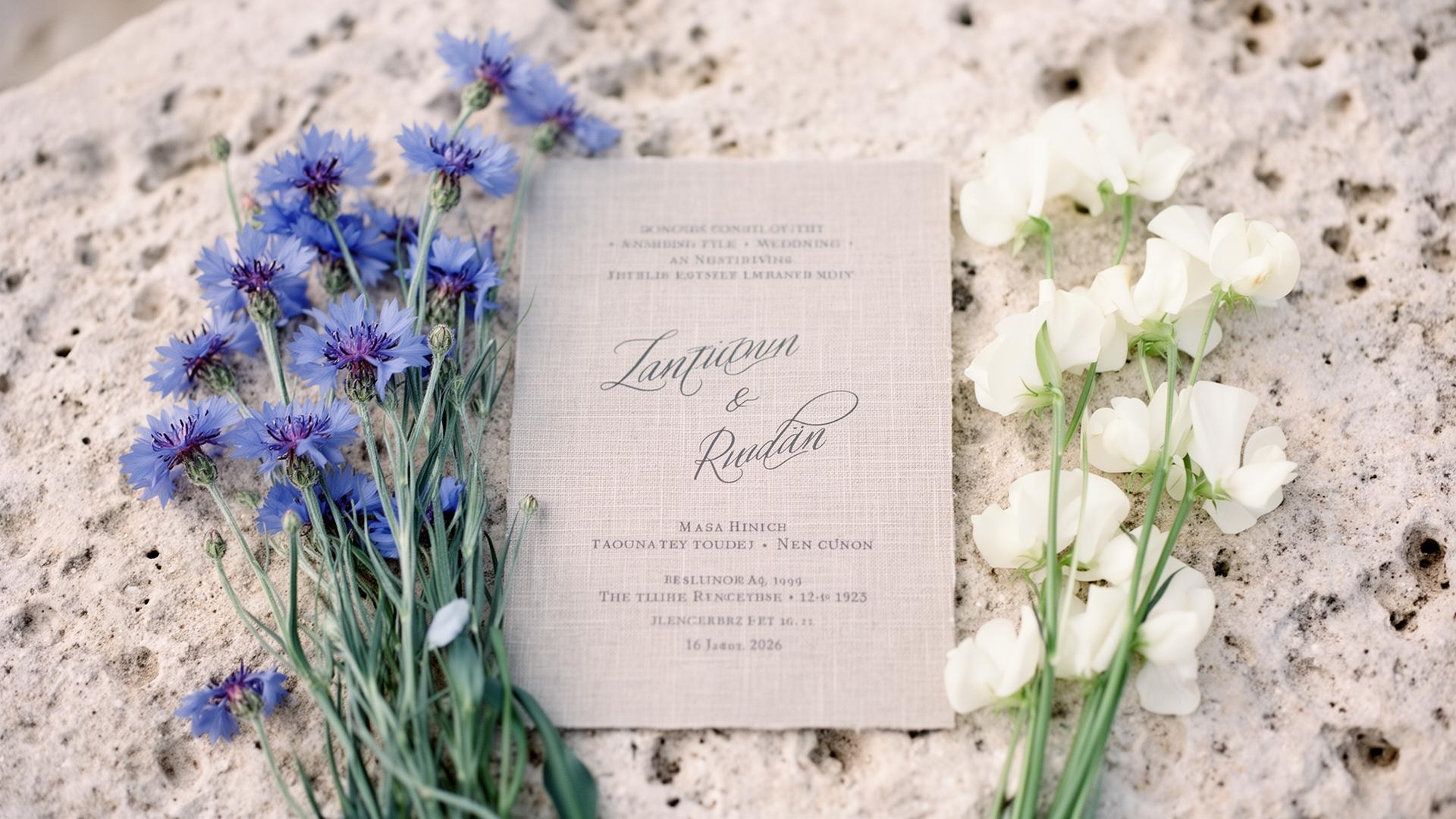 Wedding stationery styled on limestone with cornflowers and sweet peas